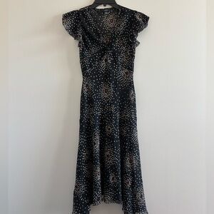 90s VTG Alfani Dress Silk Black Colorful Dots Midi Sheer Flutter Sleeve 10 Boho